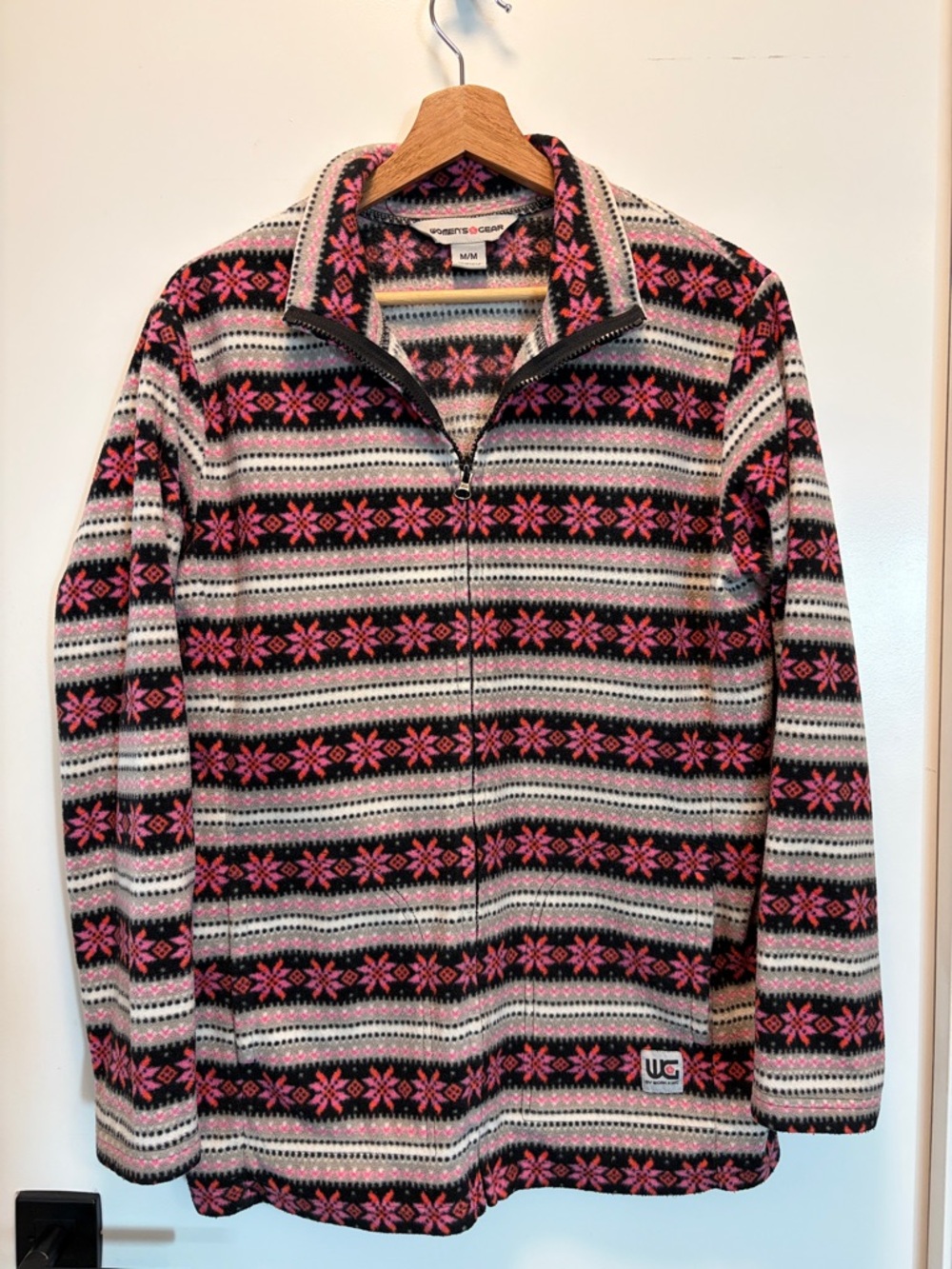 Fair Isle Full-Zip Fleece Sweater - Pink/Black